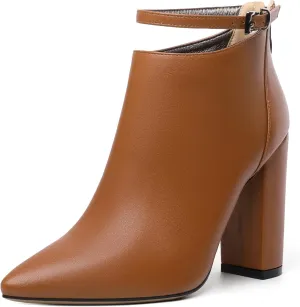 Soireelady Women Ankle Boots Pointed Toe Block Heel Ankle Booties Chunky High Heel Ankle Boots Classic Ankle Booties with Zipper Comfortable Adjustable Strap Ankle Boots