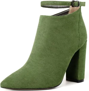 Soireelady Women Ankle Boots Pointed Toe Block Heel Ankle Booties Chunky High Heel Ankle Boots Classic Ankle Booties with Zipper Comfortable Adjustable Strap Ankle Boots