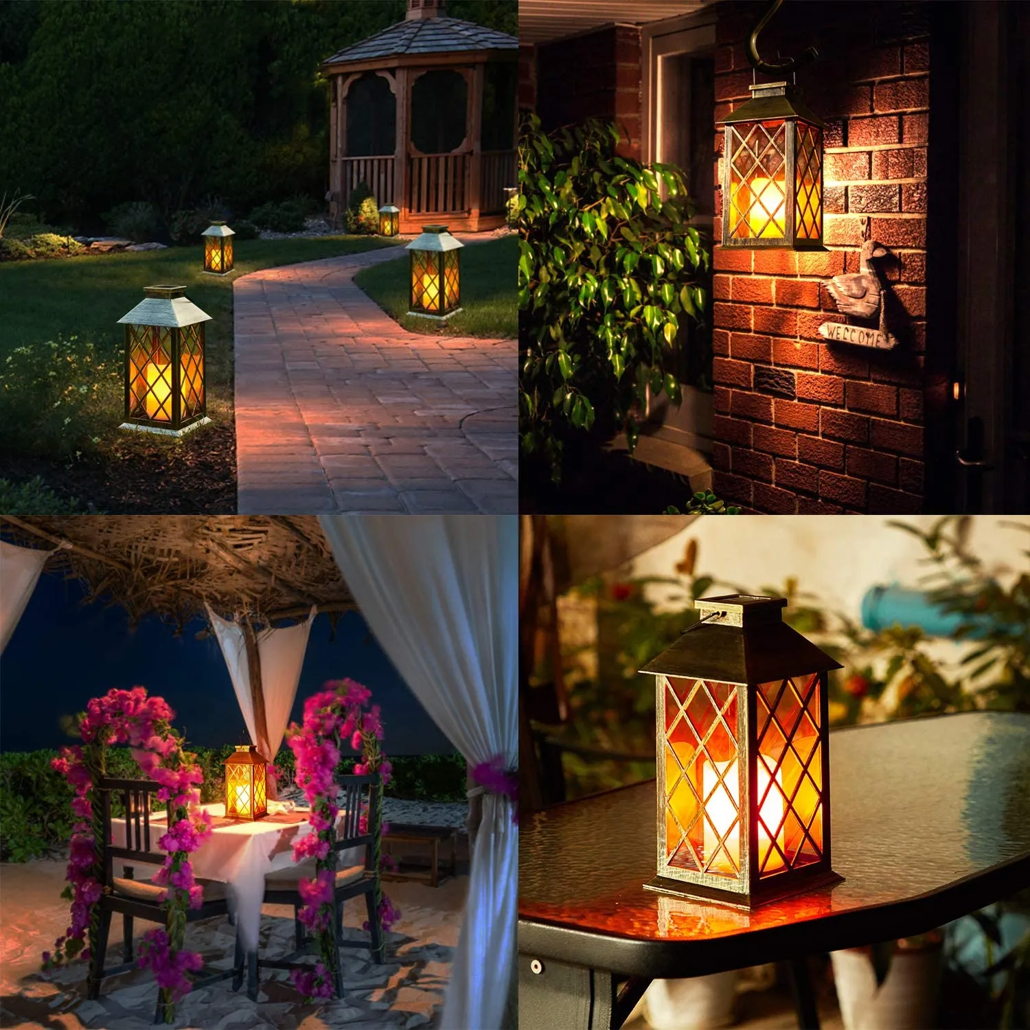 Solar Lanterns, 2 Pack LED Solar Lights Outdoor, Hanging Lanterns Solar Powered with Handle, Waterproof Flickering Flameless Candle Mission Lights for Table Garden Patio Pathway