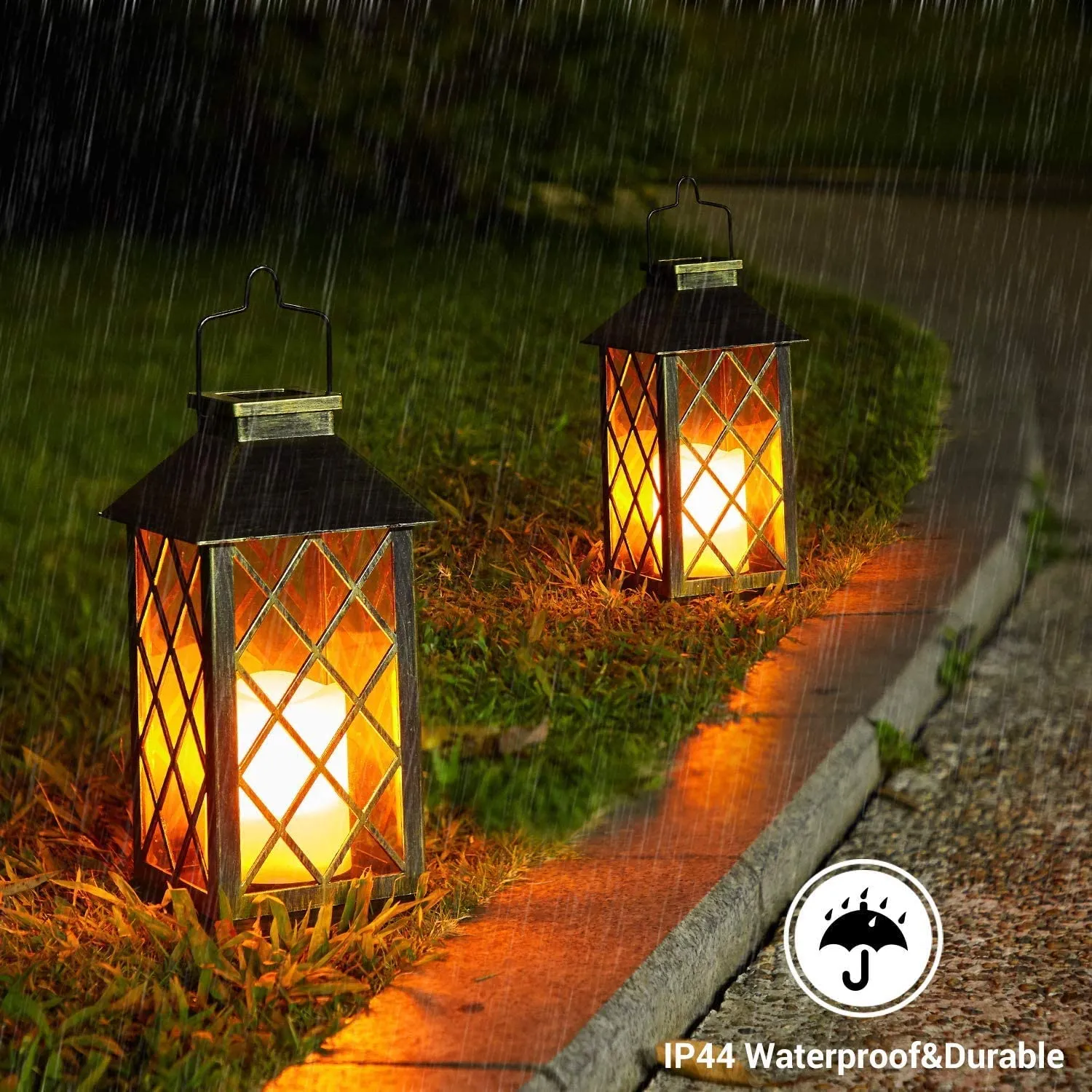 Solar Lanterns, 2 Pack LED Solar Lights Outdoor, Hanging Lanterns Solar Powered with Handle, Waterproof Flickering Flameless Candle Mission Lights for Table Garden Patio Pathway