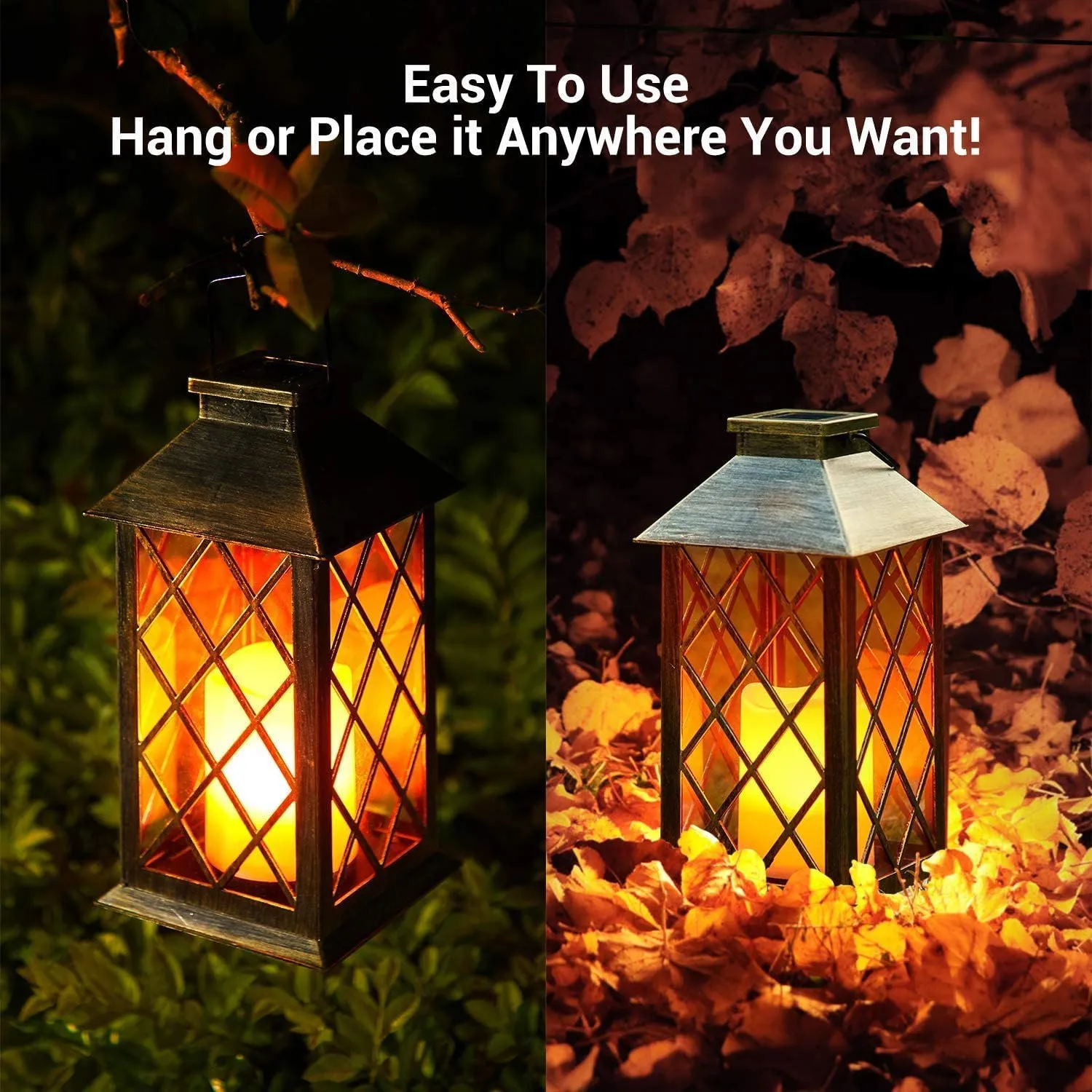 Solar Lanterns, 2 Pack LED Solar Lights Outdoor, Hanging Lanterns Solar Powered with Handle, Waterproof Flickering Flameless Candle Mission Lights for Table Garden Patio Pathway