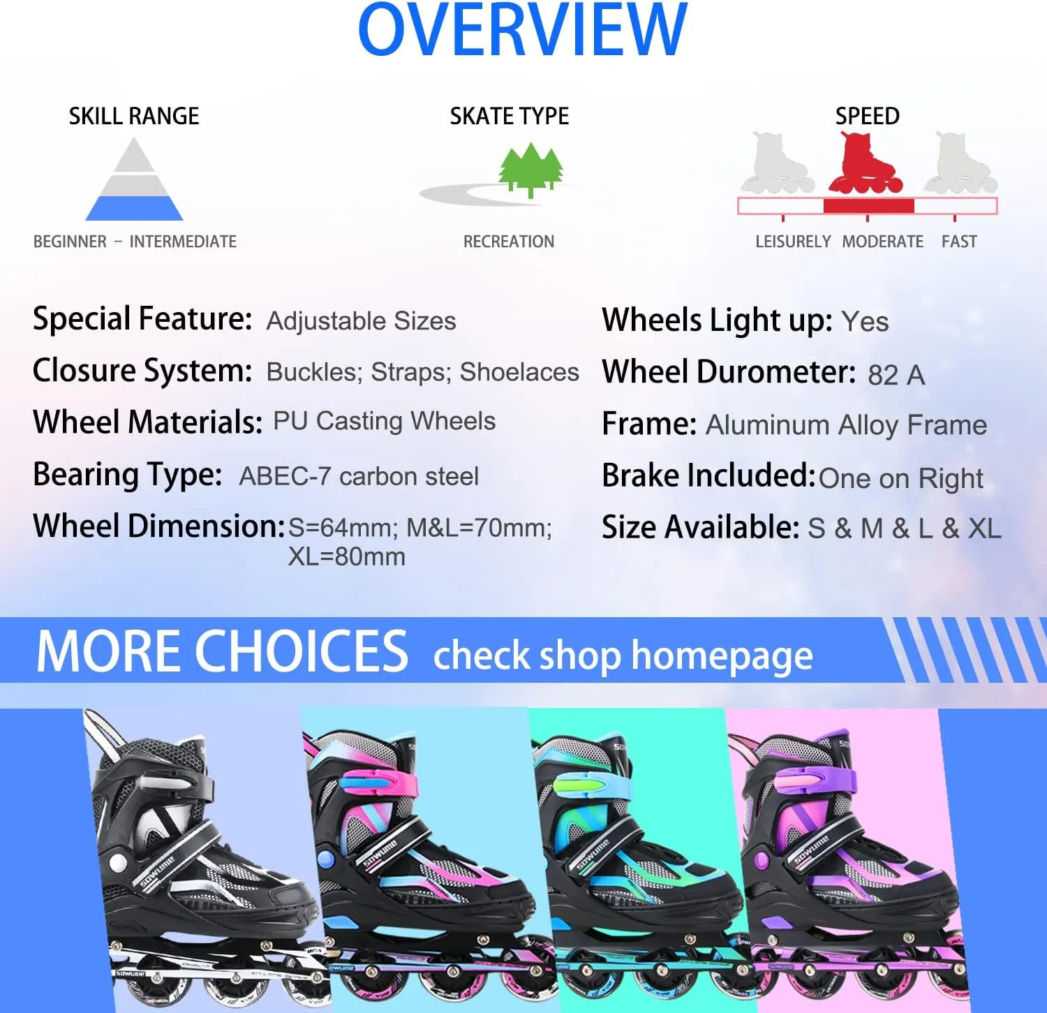 Sowume Adjustable Inline Skates for Girls and Boys, Roller Skates with All Light Up Wheels, Patines para Mujer for Kids and Adults, Men, Women