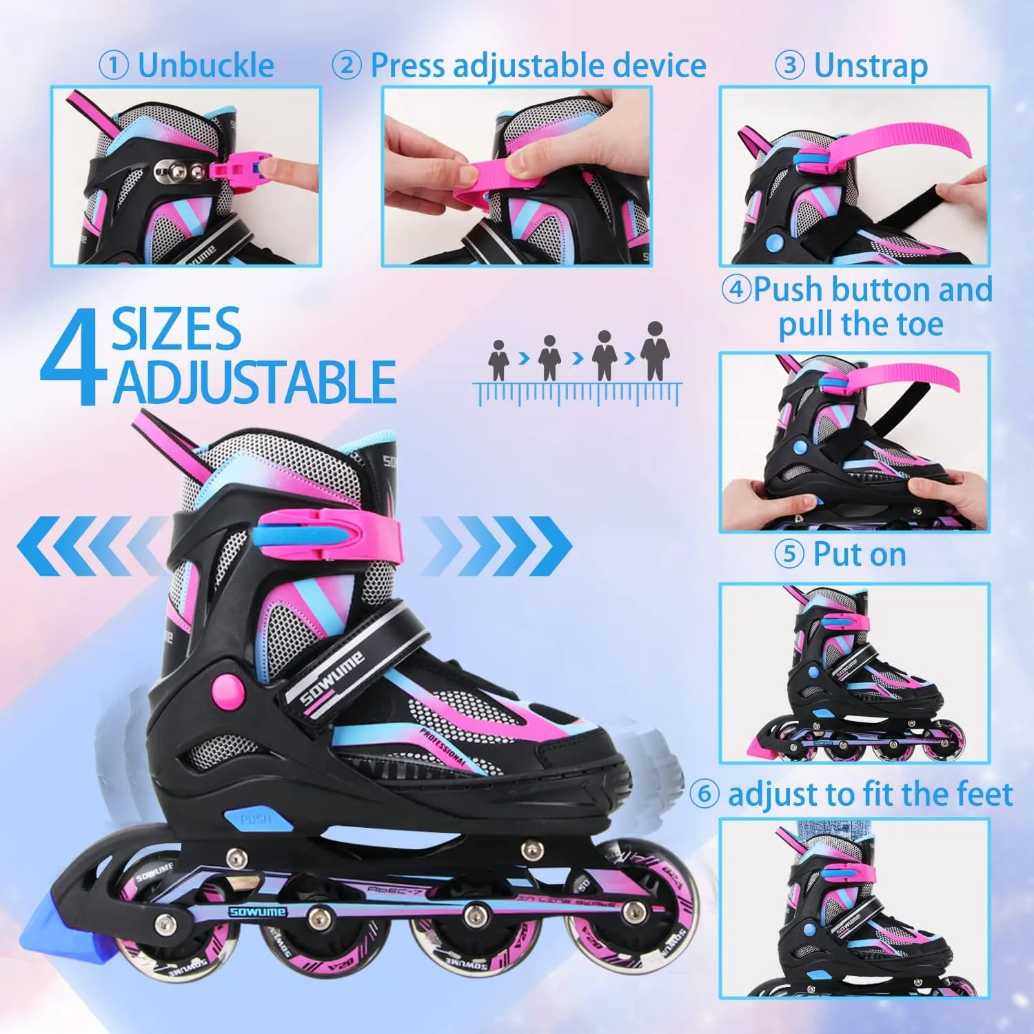 Sowume Adjustable Inline Skates for Girls and Boys, Roller Skates with All Light Up Wheels, Patines para Mujer for Kids and Adults, Men, Women