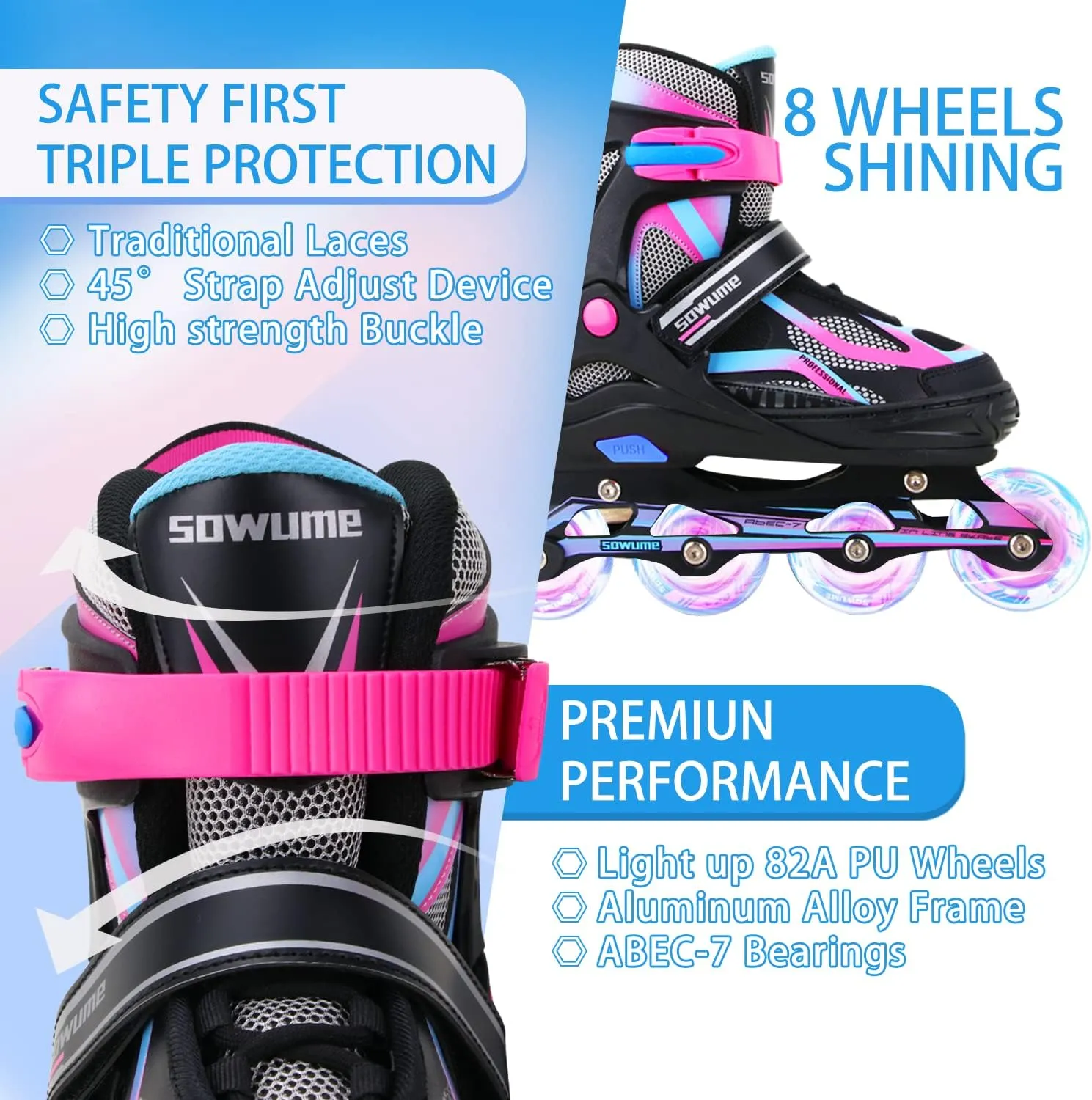 Sowume Adjustable Inline Skates for Girls and Boys, Roller Skates with All Light Up Wheels, Patines para Mujer for Kids and Adults, Men, Women