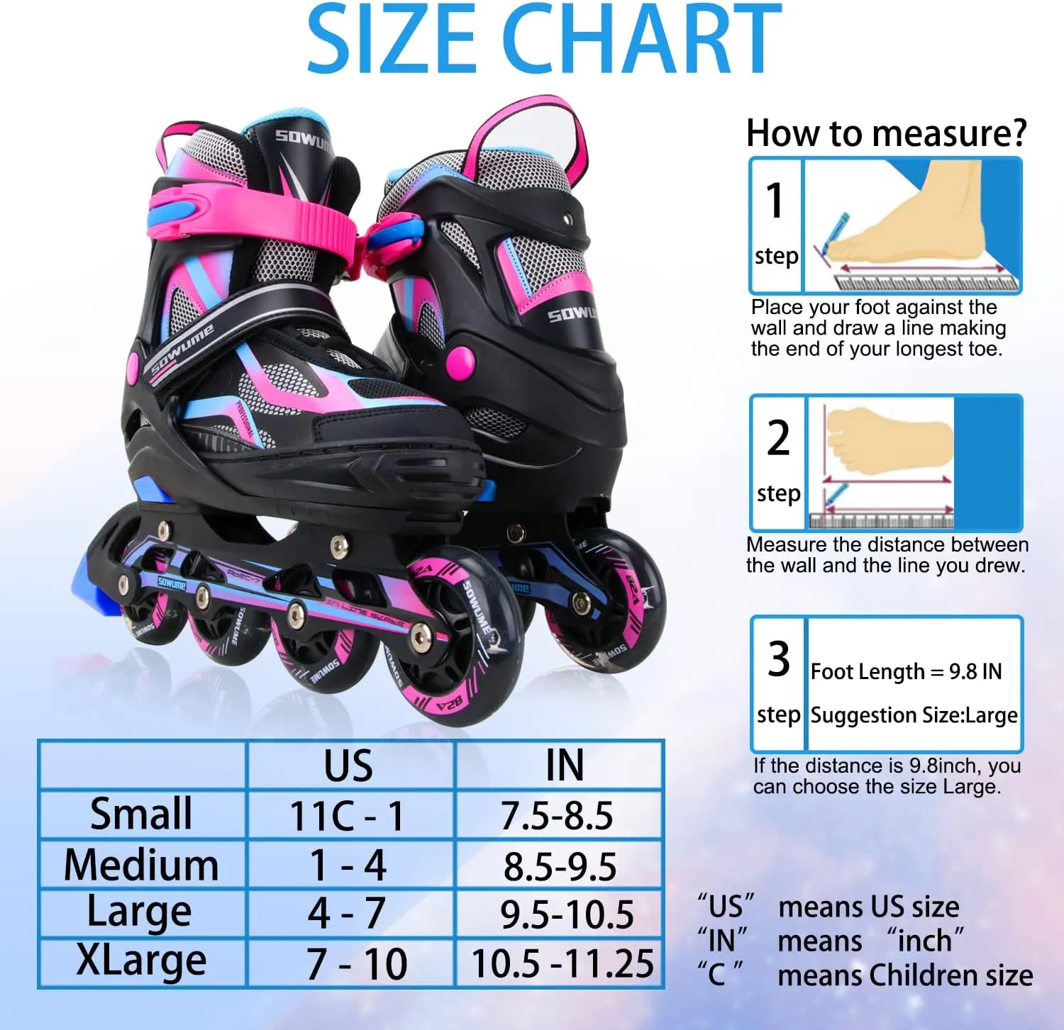 Sowume Adjustable Inline Skates for Girls and Boys, Roller Skates with All Light Up Wheels, Patines para Mujer for Kids and Adults, Men, Women
