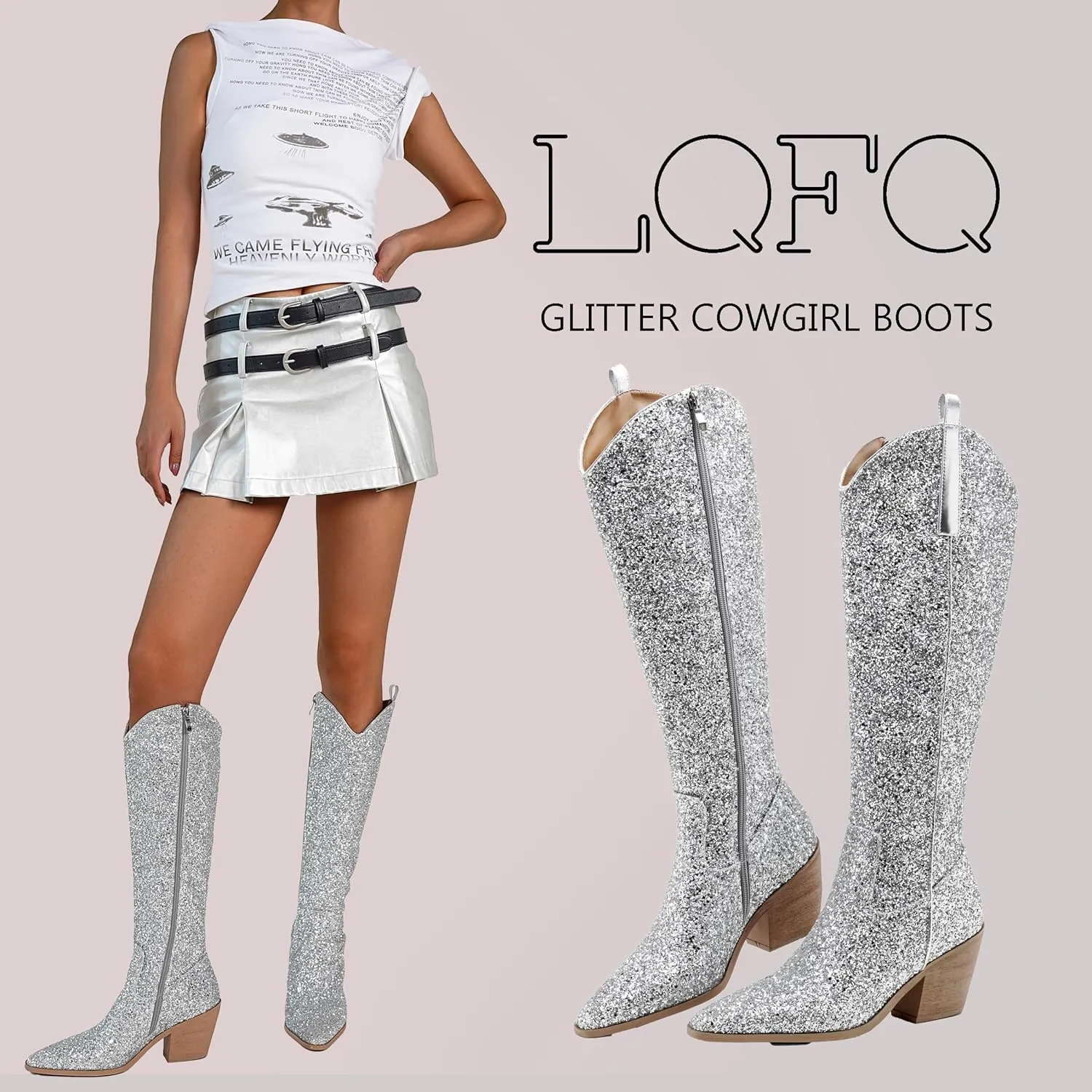 Sparkly Cowgirl Boots for Women Side Zipper Tall Wide Calf Western Knee High Cowboy Boots Chunky Heels Glitter Sequin Party Dress Wedding Bridal Country Concerts Shoes