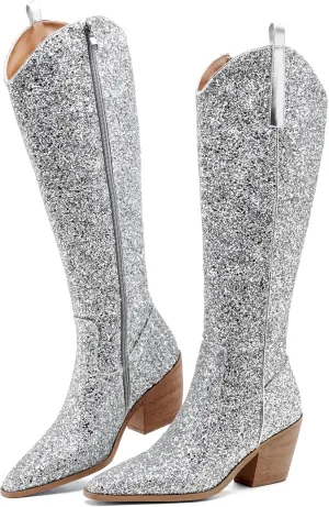 Sparkly Cowgirl Boots for Women Side Zipper Tall Wide Calf Western Knee High Cowboy Boots Chunky Heels Glitter Sequin Party Dress Wedding Bridal Country Concerts Shoes