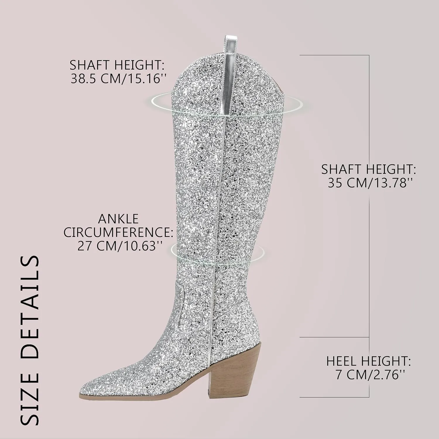Sparkly Cowgirl Boots for Women Side Zipper Tall Wide Calf Western Knee High Cowboy Boots Chunky Heels Glitter Sequin Party Dress Wedding Bridal Country Concerts Shoes