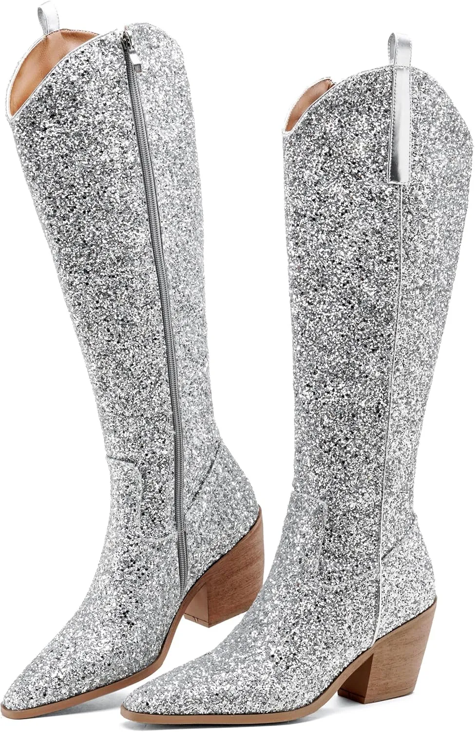 Sparkly Cowgirl Boots for Women Side Zipper Tall Wide Calf Western Knee High Cowboy Boots Chunky Heels Glitter Sequin Party Dress Wedding Bridal Country Concerts Shoes