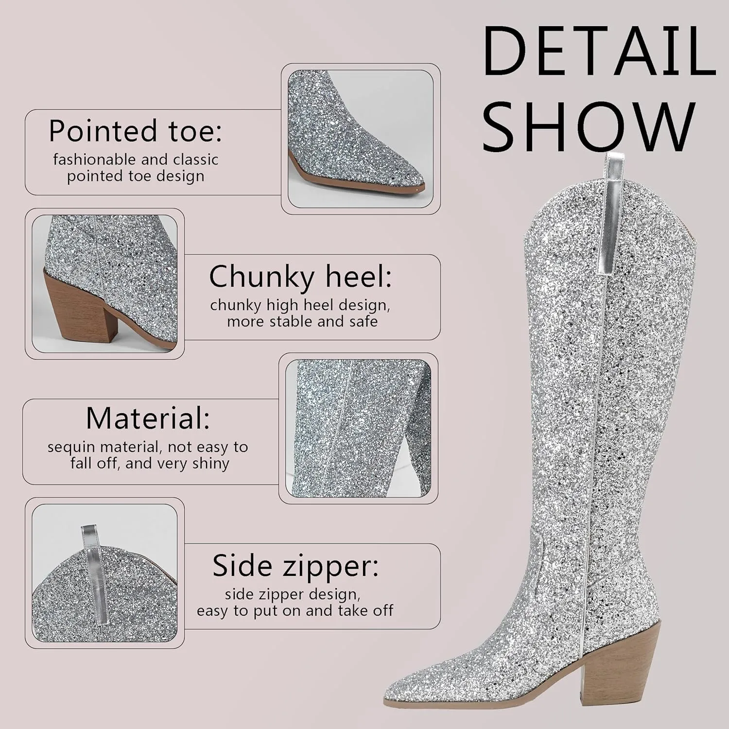 Sparkly Cowgirl Boots for Women Side Zipper Tall Wide Calf Western Knee High Cowboy Boots Chunky Heels Glitter Sequin Party Dress Wedding Bridal Country Concerts Shoes