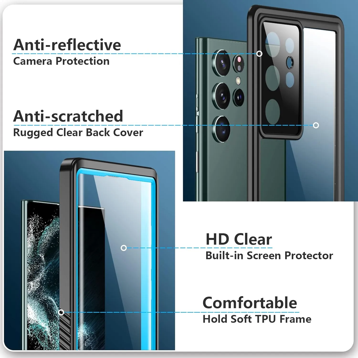 SPIDERCASE Designed for Samsung Galaxy S22 Ultra Case, Waterproof Built-in Screen Protector Full Protection Heavy Duty Shockproof Case, Blue/Clear