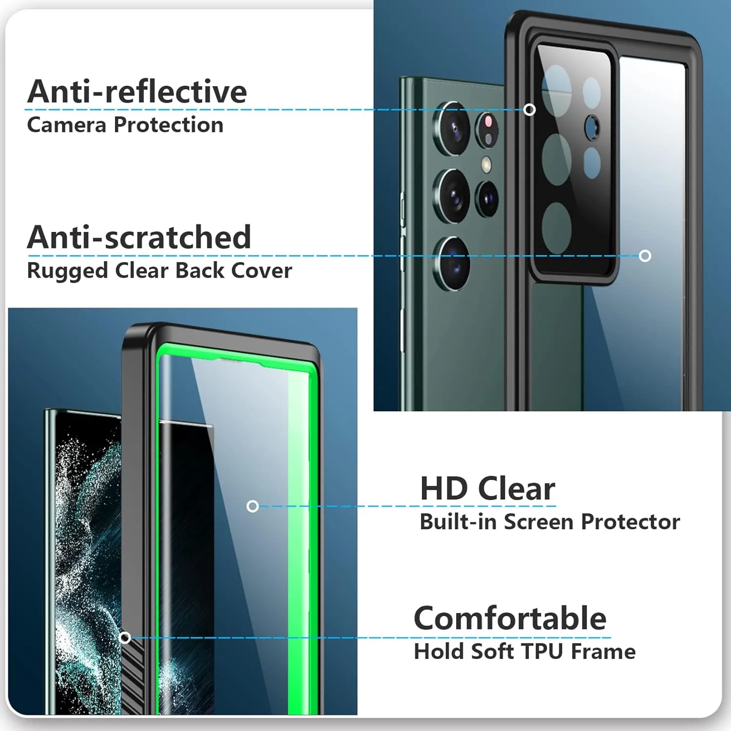 SPIDERCASE Designed for Samsung Galaxy S22 Ultra Case, Waterproof Built-in Screen Protector Full Protection Heavy Duty Shockproof Case, Green/Clear