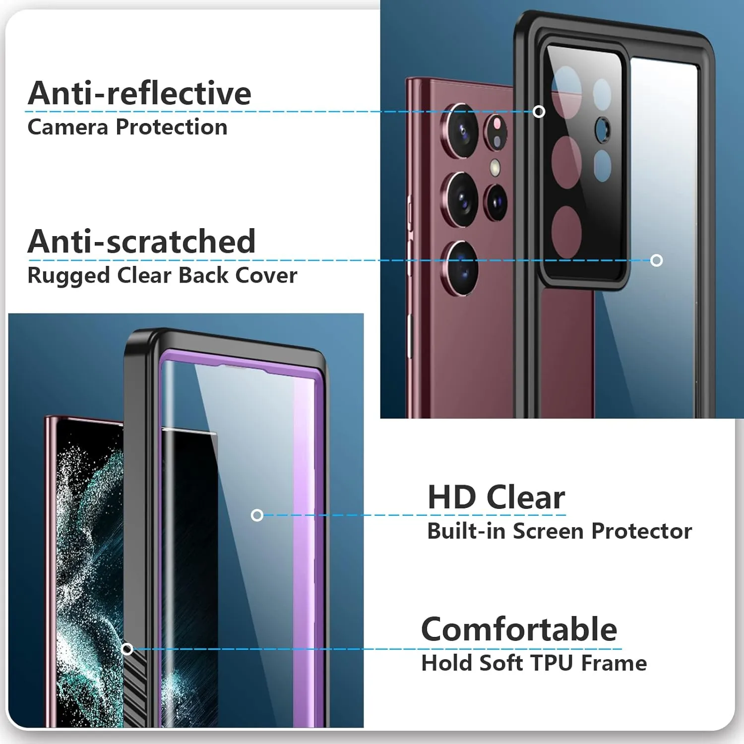 SPIDERCASE Designed for Samsung Galaxy S22 Ultra Case, Waterproof Built-in Screen Protector Full Protection Heavy Duty Shockproof Case, Purple/Clear