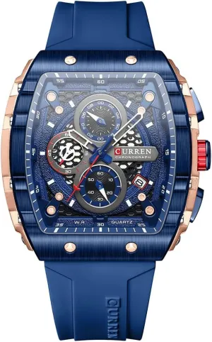 Sports Rectangular Watches with Large Dial Casual Quartz Silicone Bands Wristwatches with Auto Date (Blue)