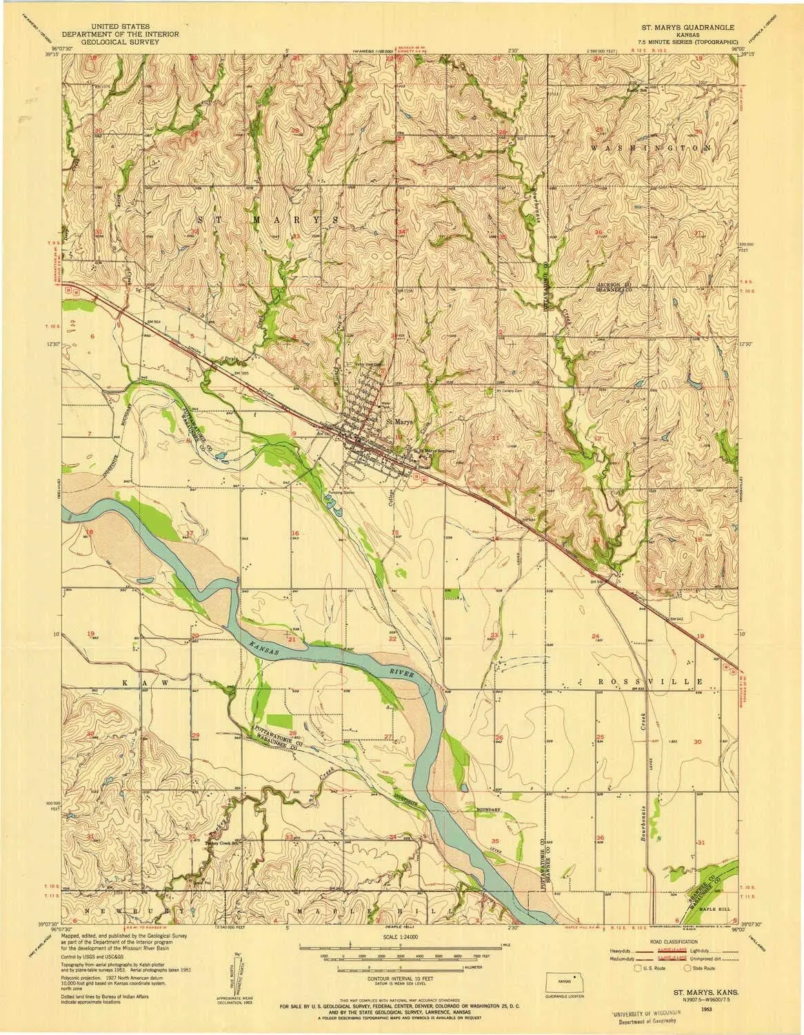 St Marys KS topo map, 1:24000 Scale, 7.5 X 7.5 Minute, Historical, 1953, Updated 1954, 27.07 x 21.05 in