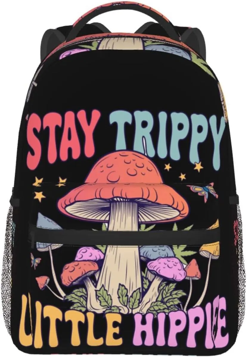 Stay Trippy Little Hippie Mushroom Quotes Backpack Lightweight Laptop Backpack Casual Daypack Travel Double Shoulder Bag For Women Men