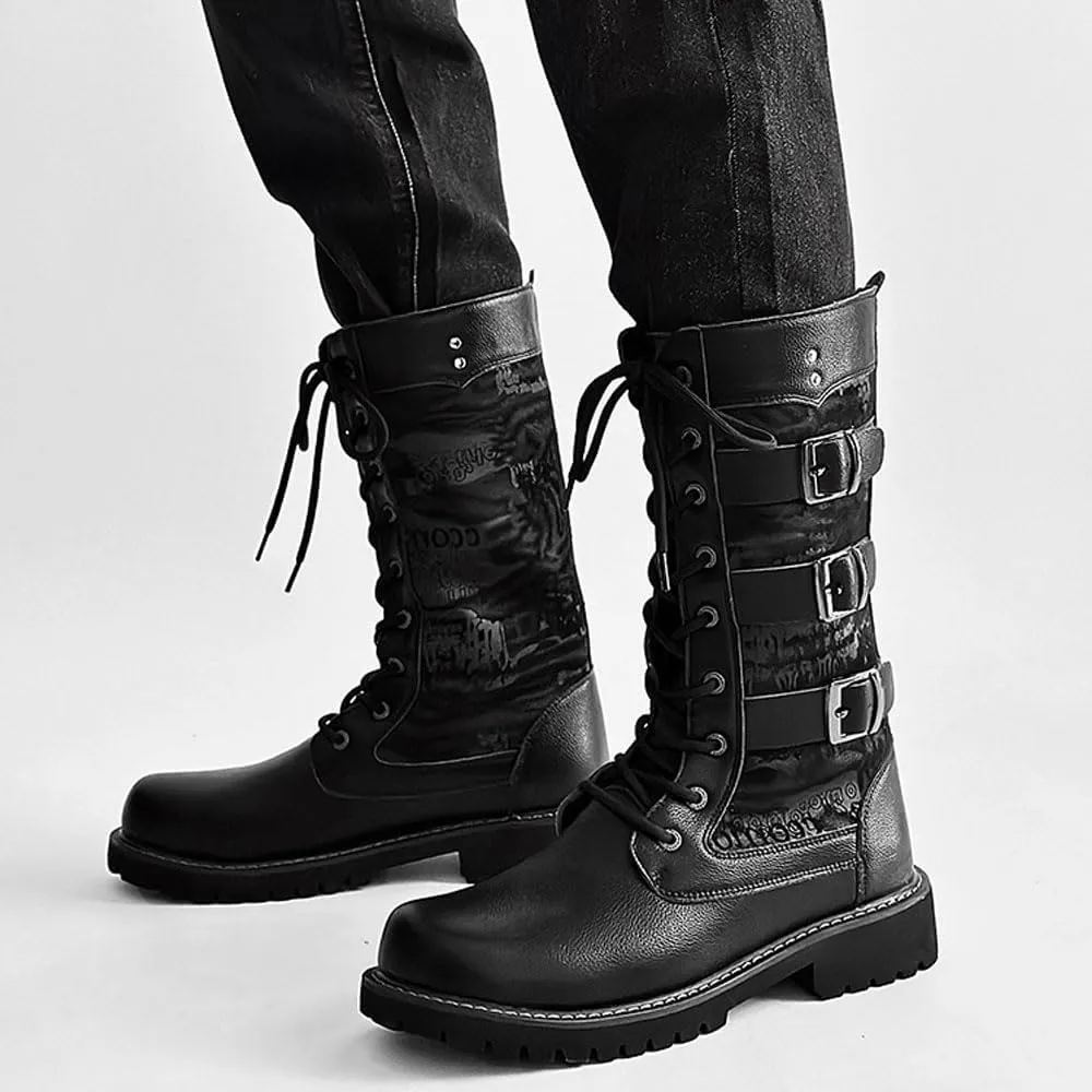 Steampunk Knight Boots Fashion Letter Printing Motorcycle Riding Boots Lace up Adjustable Military Boot Shoes for Men