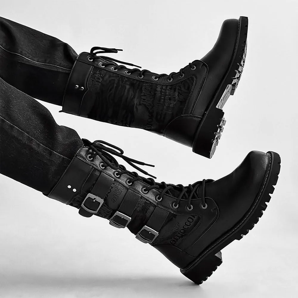 Steampunk Knight Boots Fashion Letter Printing Motorcycle Riding Boots Lace up Adjustable Military Boot Shoes for Men