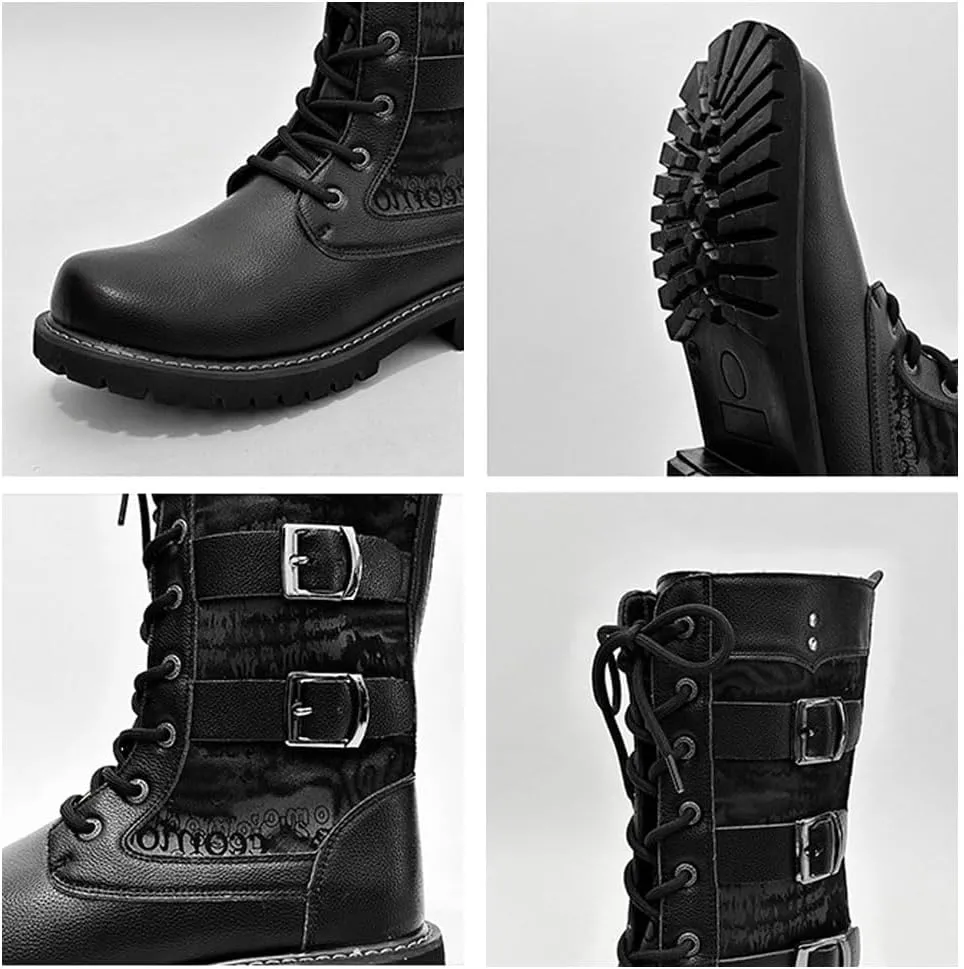 Steampunk Knight Boots Fashion Letter Printing Motorcycle Riding Boots Lace up Adjustable Military Boot Shoes for Men