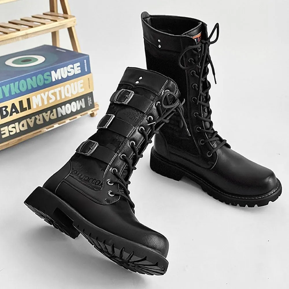 Steampunk Knight Boots Fashion Letter Printing Motorcycle Riding Boots Lace up Adjustable Military Boot Shoes for Men