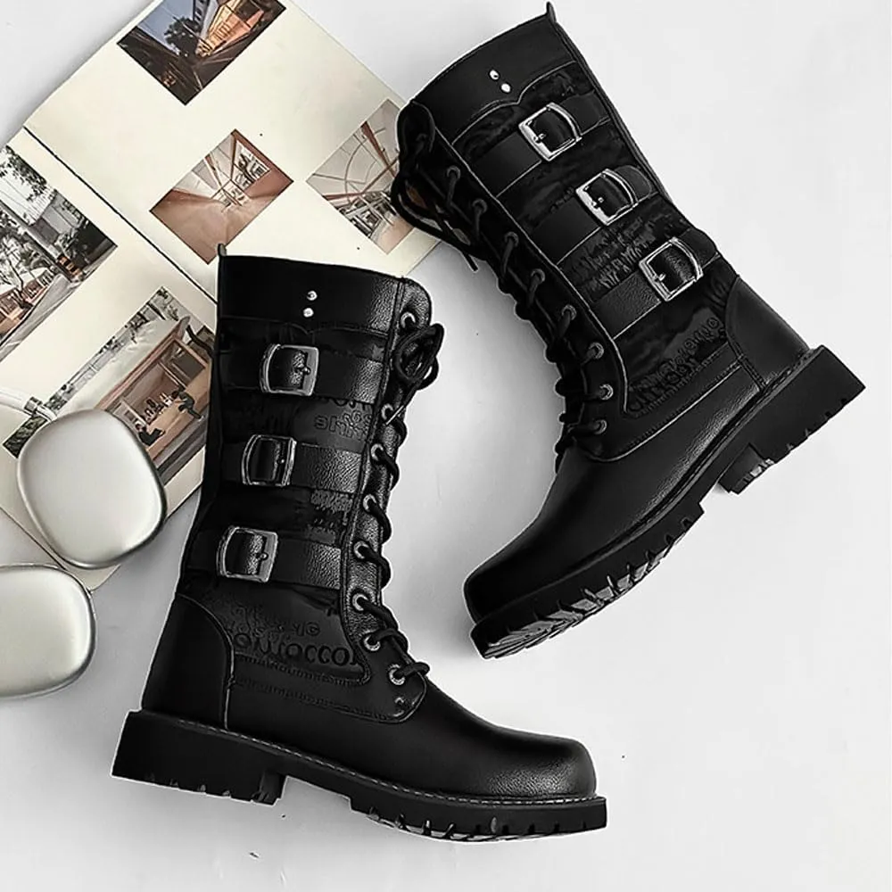 Steampunk Knight Boots Fashion Letter Printing Motorcycle Riding Boots Lace up Adjustable Military Boot Shoes for Men