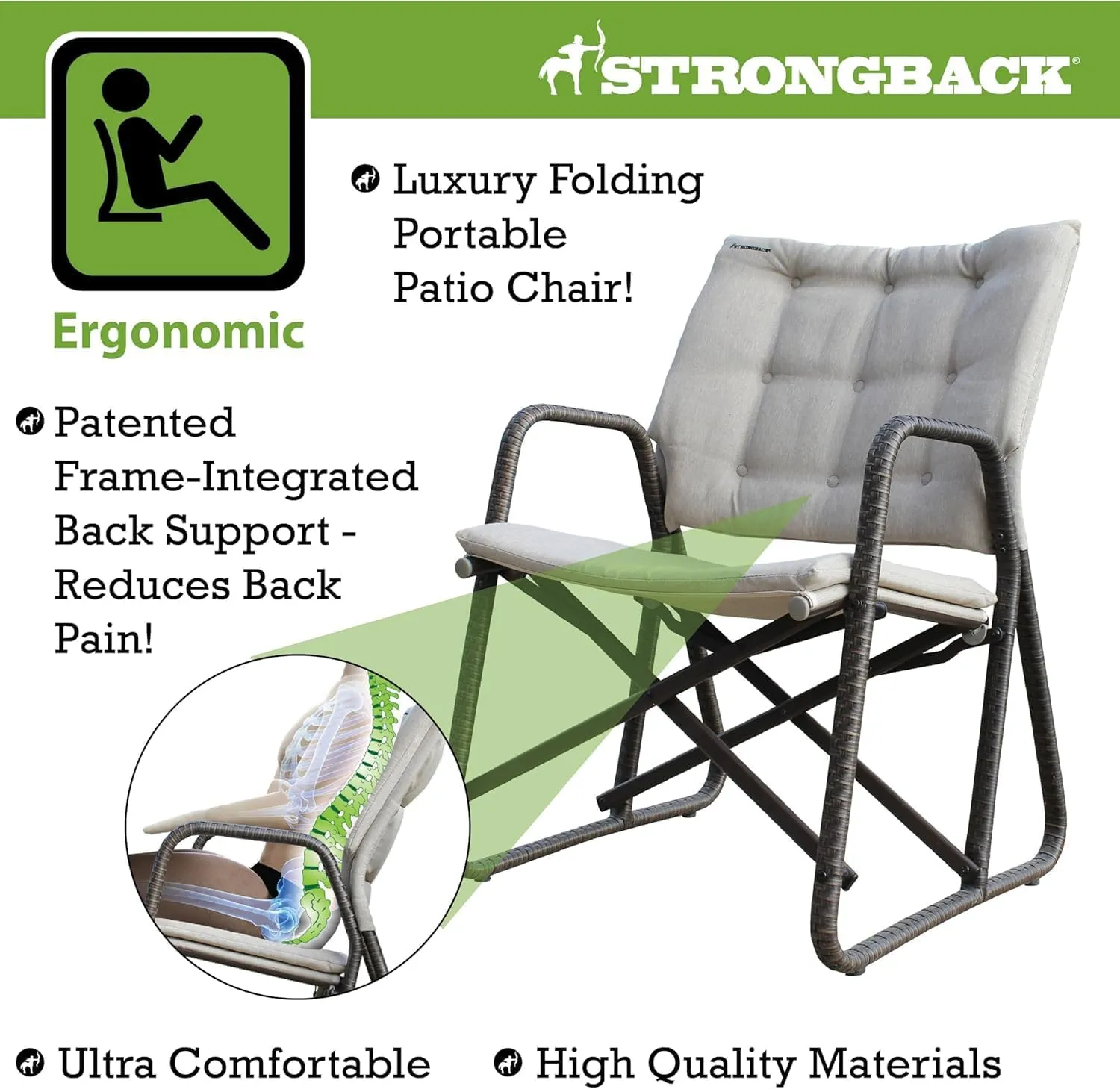 STRONGBACK Folding Patio Chair - Ergonomic Design for Back Pain Relief - 21" Seat Width/300 lb Capacity - Plush Olefin Cushions/Durable Magnesium Alloy Frame - Lightweight/Portable Outside Chairs