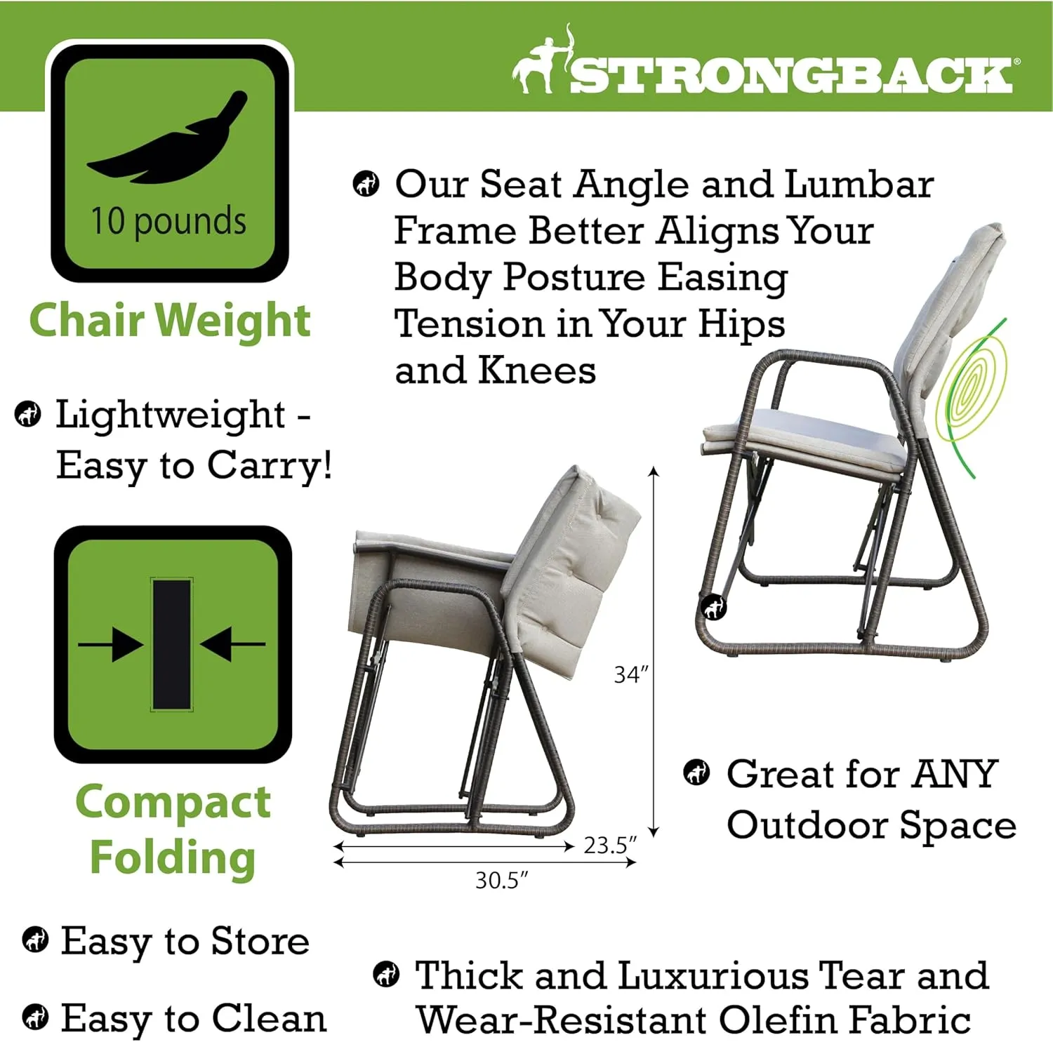 STRONGBACK Folding Patio Chair - Ergonomic Design for Back Pain Relief - 21" Seat Width/300 lb Capacity - Plush Olefin Cushions/Durable Magnesium Alloy Frame - Lightweight/Portable Outside Chairs