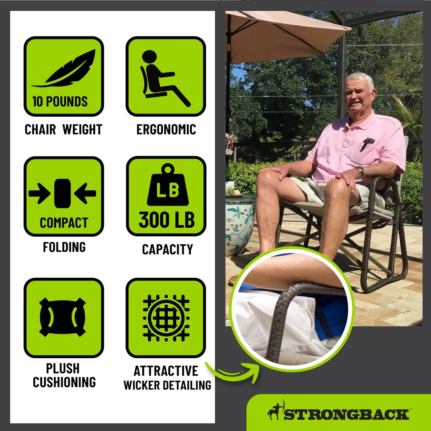 STRONGBACK Folding Patio Chair - Ergonomic Design for Back Pain Relief - 21" Seat Width/300 lb Capacity - Plush Olefin Cushions/Durable Magnesium Alloy Frame - Lightweight/Portable Outside Chairs