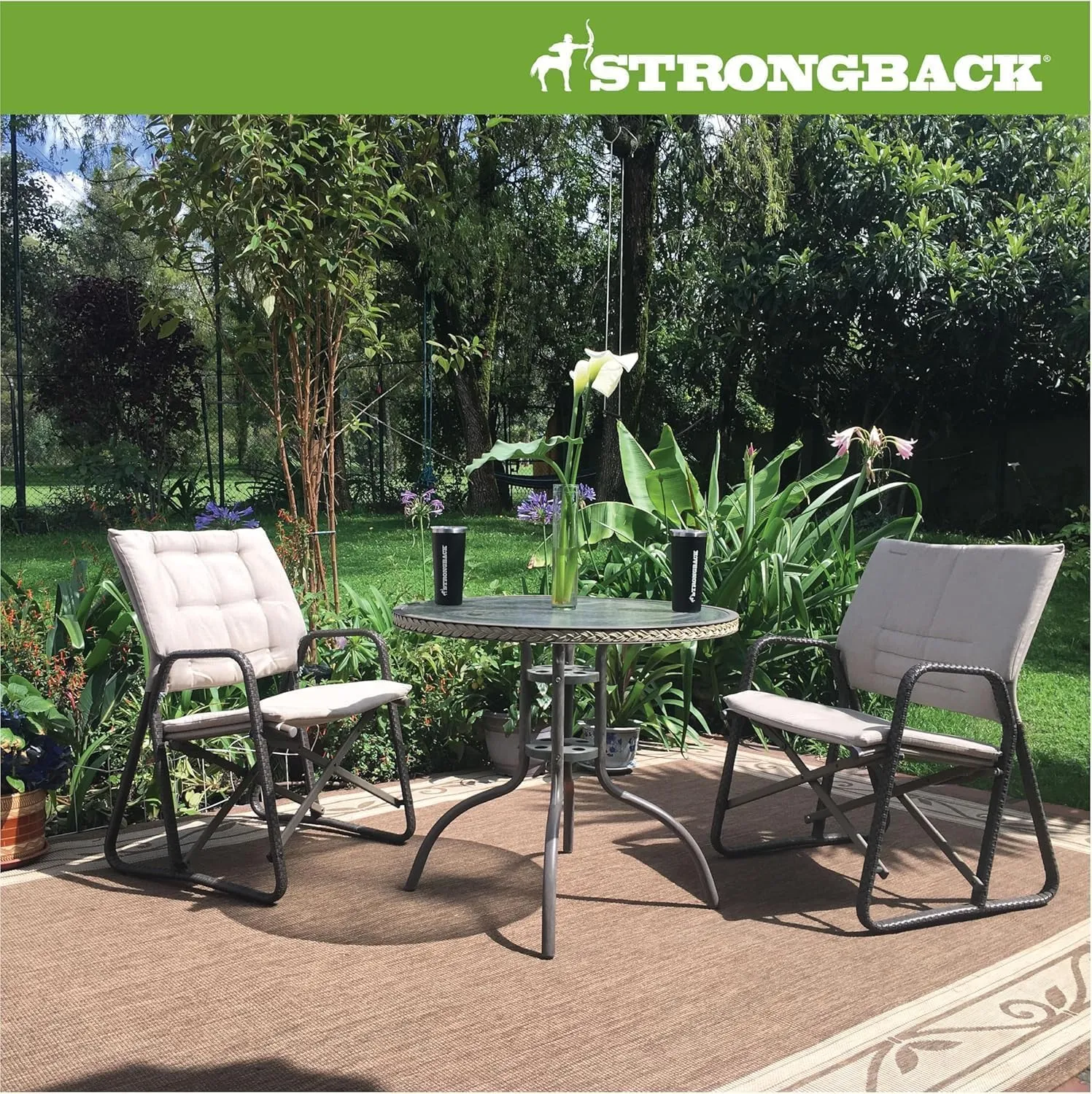 STRONGBACK Folding Patio Chair - Ergonomic Design for Back Pain Relief - 21" Seat Width/300 lb Capacity - Plush Olefin Cushions/Durable Magnesium Alloy Frame - Lightweight/Portable Outside Chairs