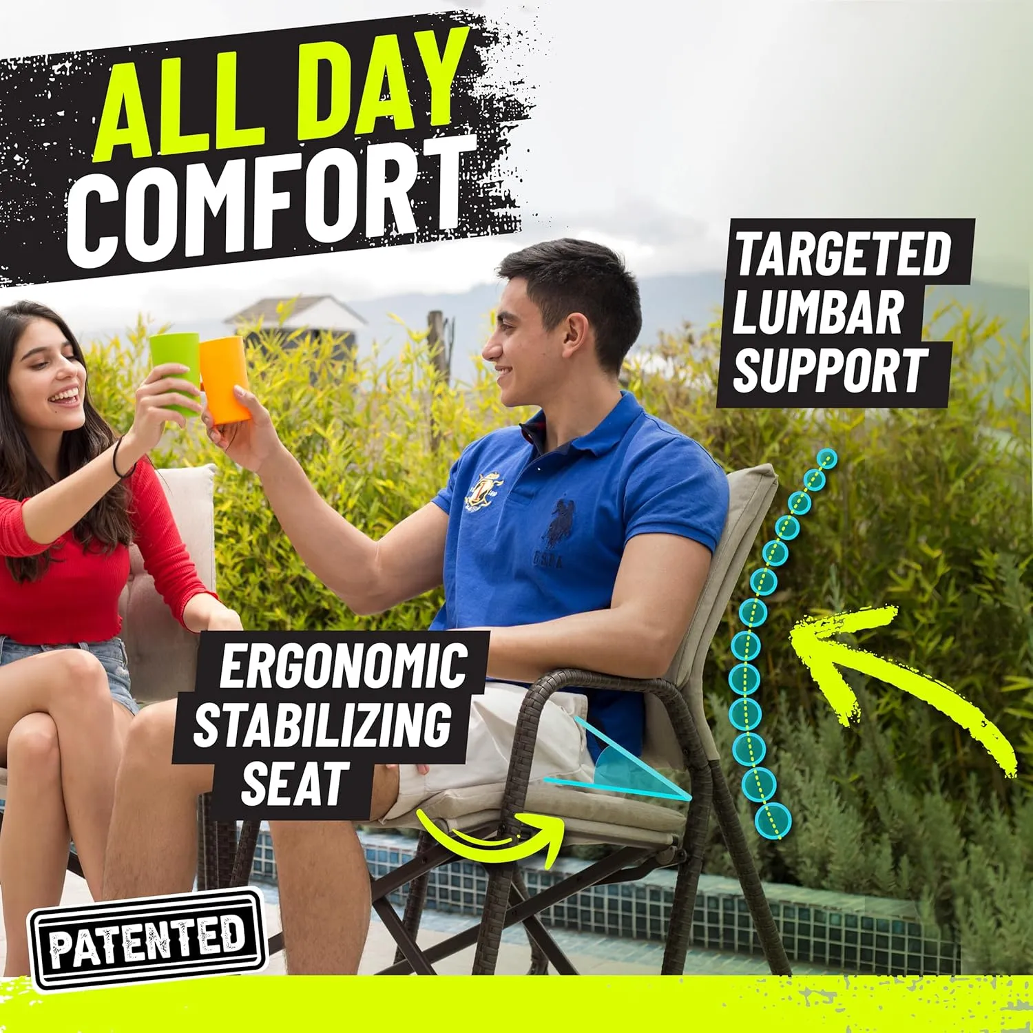 STRONGBACK Folding Patio Chair - Ergonomic Design for Back Pain Relief - 21" Seat Width/300 lb Capacity - Plush Olefin Cushions/Durable Magnesium Alloy Frame - Lightweight/Portable Outside Chairs