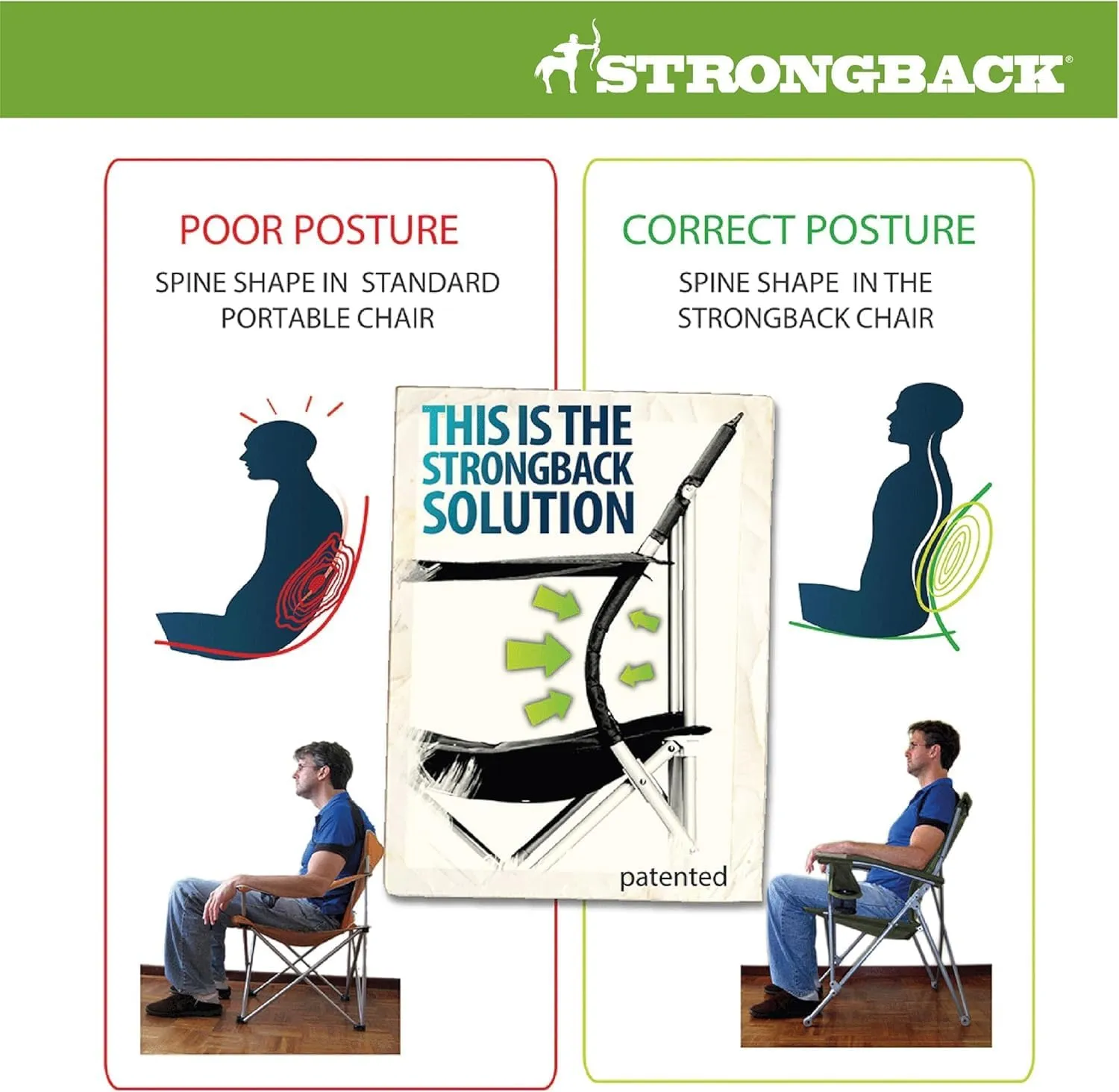 STRONGBACK Folding Patio Chair - Ergonomic Design for Back Pain Relief - 21" Seat Width/300 lb Capacity - Plush Olefin Cushions/Durable Magnesium Alloy Frame - Lightweight/Portable Outside Chairs
