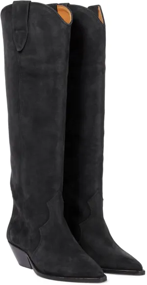 Suede Knee High Boots for Women Pointed Toe Cowboy Boots Chunky Low Heels Tall Long Boots Dressy Pull on Wide Calf Fashion Casual