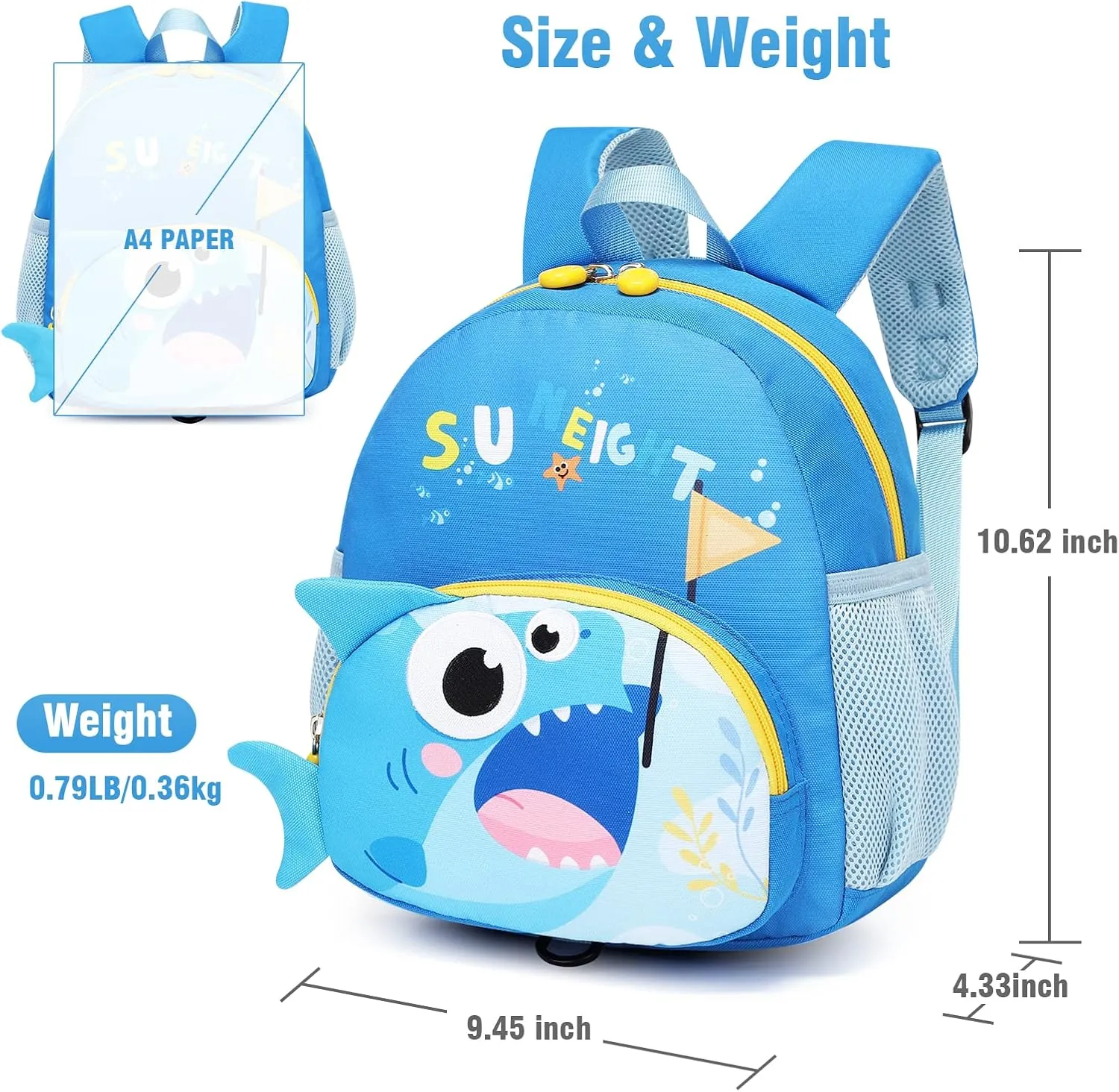 SUN EIGHT Preschool Backpack Toddler with Anti-Lost Harness 3D Cartoon Animal Waterproof School Bag for Baby Girl Boy 1-4 Years Baby Backpack (Shark)
