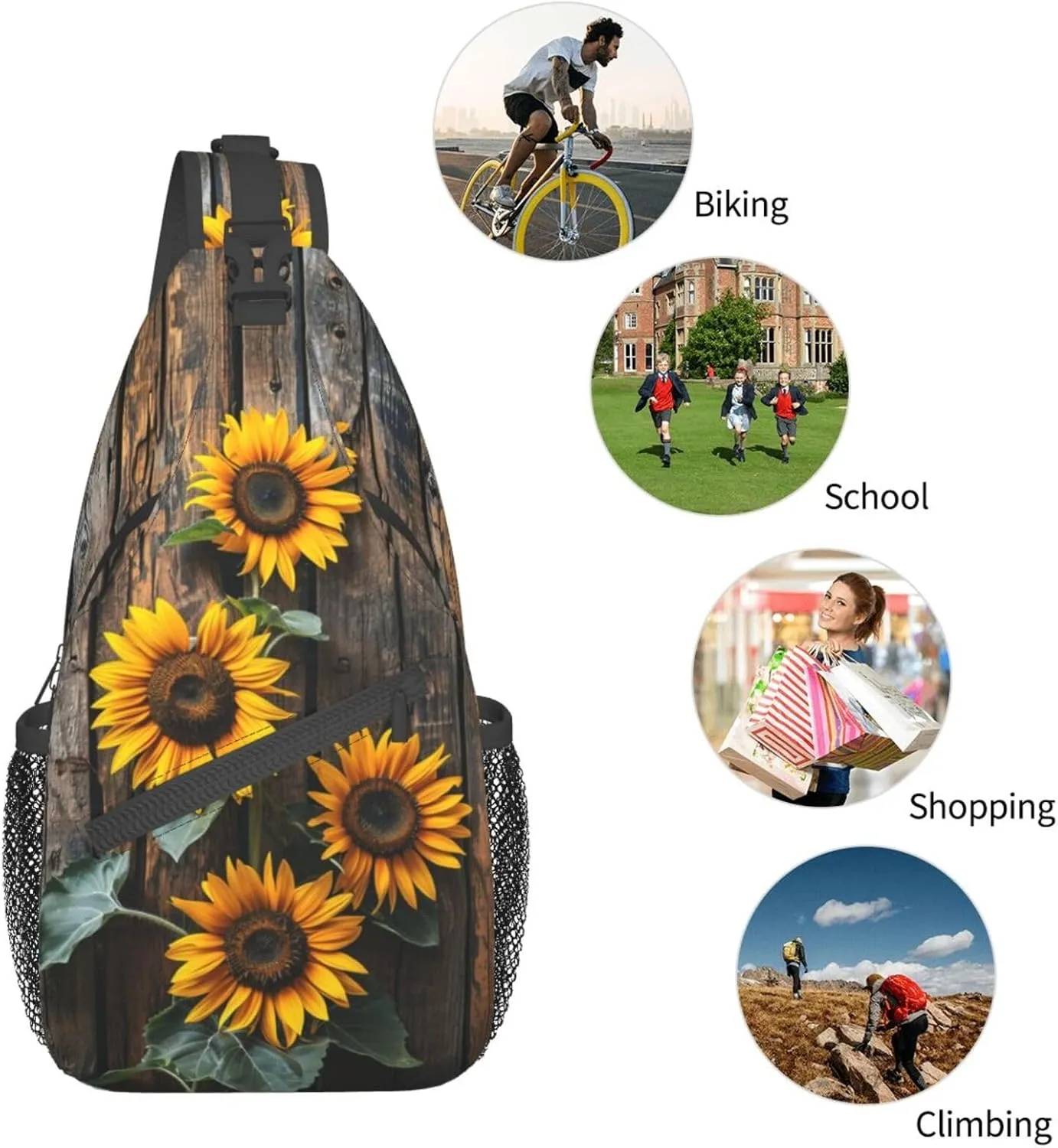 Sunflowers On Wooden Board Sling Backpack Hiking Backpack Crossbody Bag Sports Lightweight And waterproof Chest Bag Shoulder Bag For Women Men