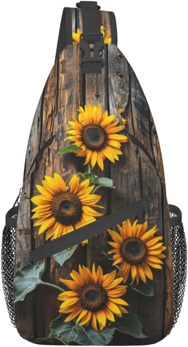 Sunflowers On Wooden Board Sling Backpack Hiking Backpack Crossbody Bag Sports Lightweight And waterproof Chest Bag Shoulder Bag For Women Men