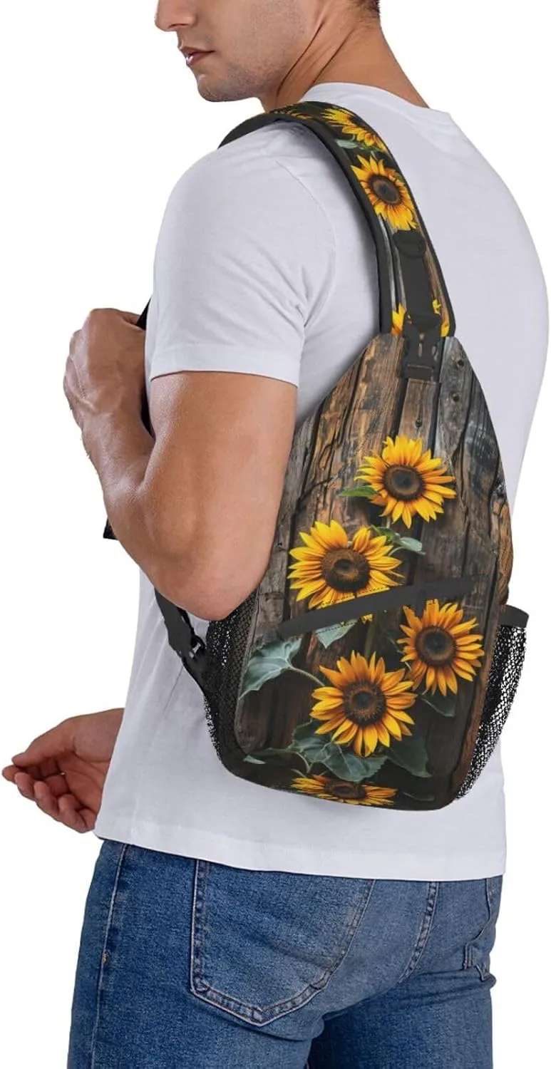 Sunflowers On Wooden Board Sling Backpack Hiking Backpack Crossbody Bag Sports Lightweight And waterproof Chest Bag Shoulder Bag For Women Men