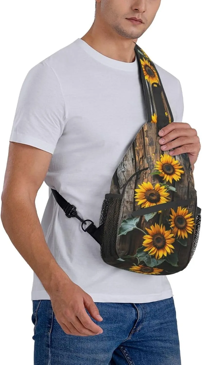 Sunflowers On Wooden Board Sling Backpack Hiking Backpack Crossbody Bag Sports Lightweight And waterproof Chest Bag Shoulder Bag For Women Men