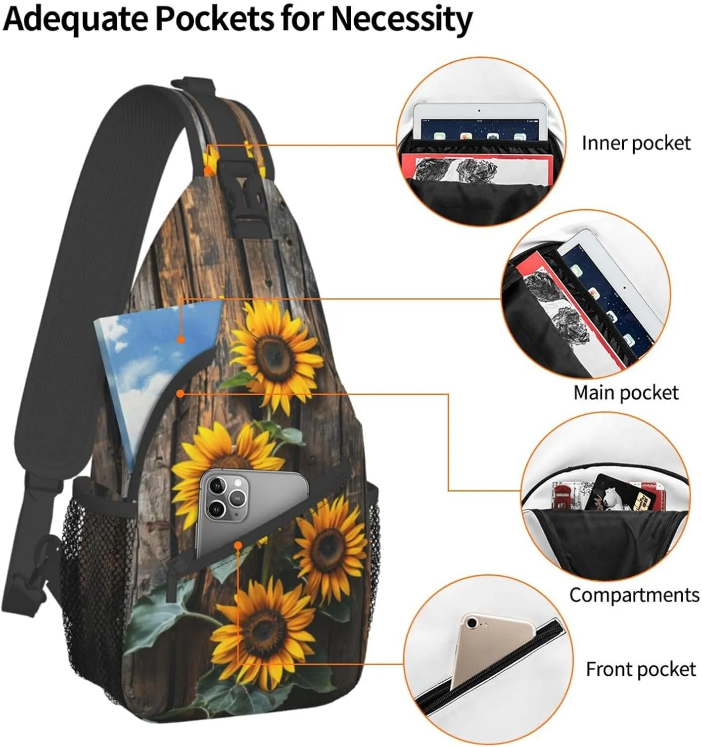 Sunflowers On Wooden Board Sling Backpack Hiking Backpack Crossbody Bag Sports Lightweight And waterproof Chest Bag Shoulder Bag For Women Men