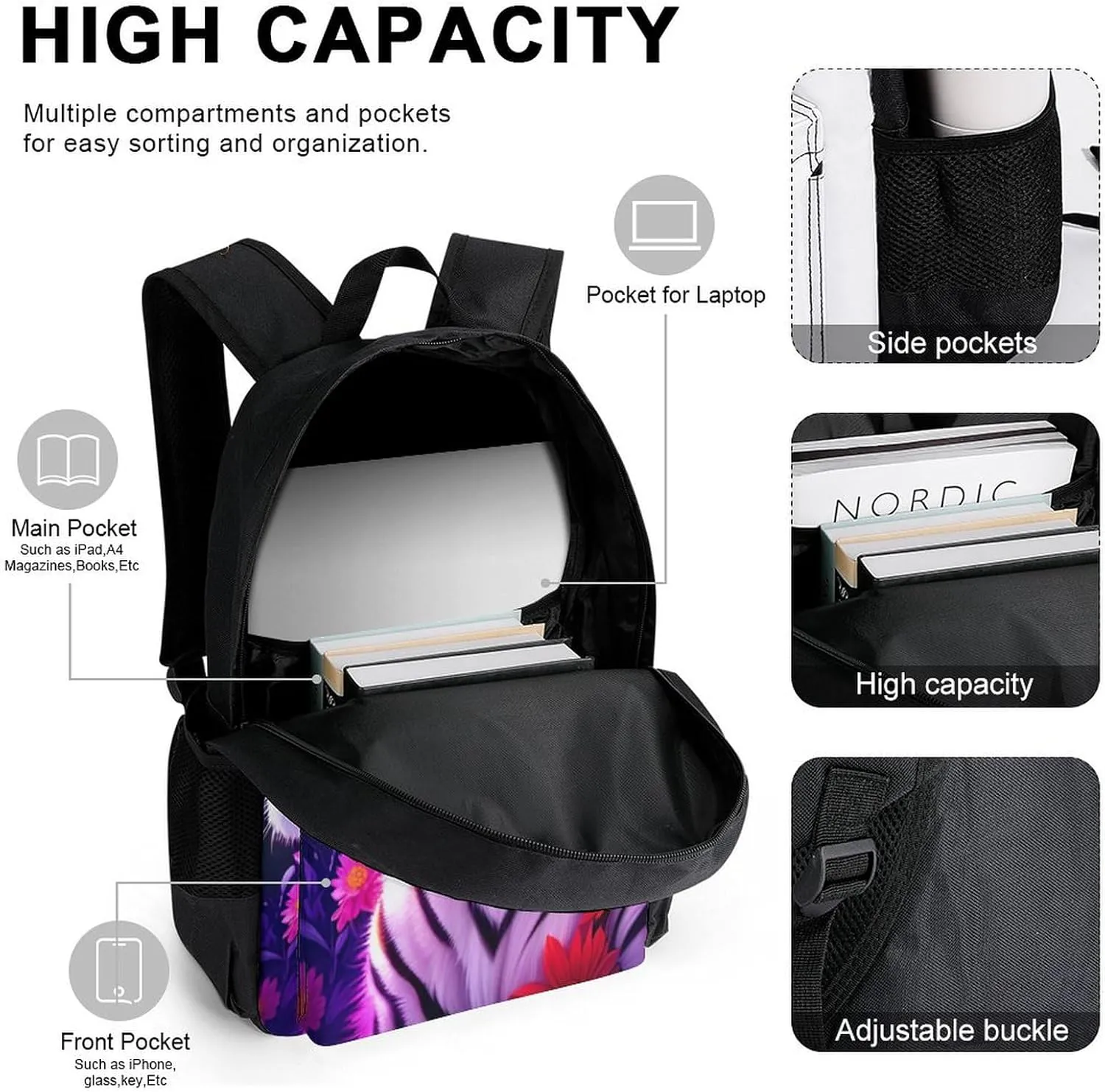 Supdreamc Backpack 3 Pcs Set With Lunch Box Pencil Case Lightweight In 1 Bookbags for Men and Women (Beautiful Flower Wild Animal Tiger Abstract Art), One Size