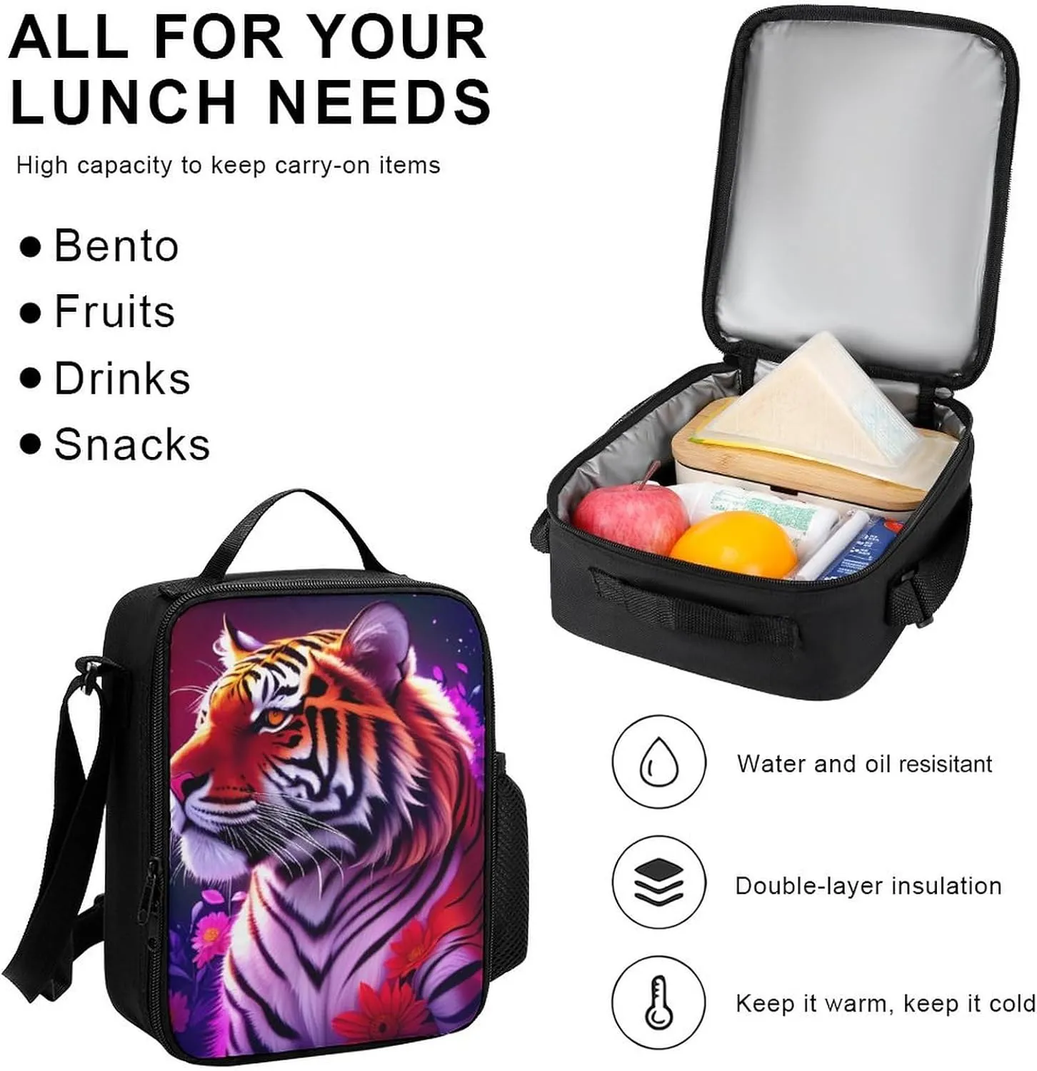 Supdreamc Backpack 3 Pcs Set With Lunch Box Pencil Case Lightweight In 1 Bookbags for Men and Women (Beautiful Flower Wild Animal Tiger Abstract Art), One Size