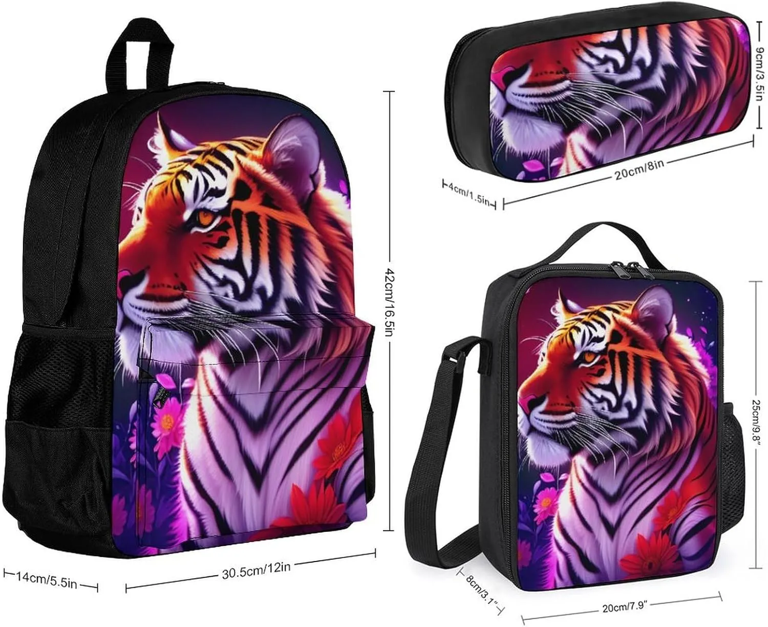 Supdreamc Backpack 3 Pcs Set With Lunch Box Pencil Case Lightweight In 1 Bookbags for Men and Women (Beautiful Flower Wild Animal Tiger Abstract Art), One Size