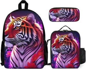 Supdreamc Backpack 3 Pcs Set With Lunch Box Pencil Case Lightweight In 1 Bookbags for Men and Women (Beautiful Flower Wild Animal Tiger Abstract Art), One Size