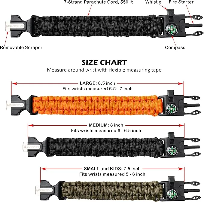 SURVIVE Paracord Bracelet, Pack of 2, Emergency Survival Kit Fire Starter Compass Whistle 8.5-10 ft Continuous Strand Flint Steel Scraper 5 in 1