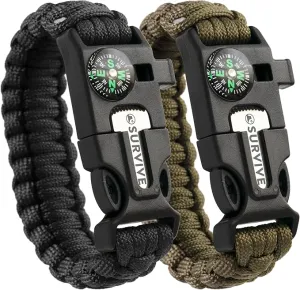 SURVIVE Paracord Bracelet, Pack of 2, Emergency Survival Kit Fire Starter Compass Whistle 8.5-10 ft Continuous Strand Flint Steel Scraper 5 in 1
