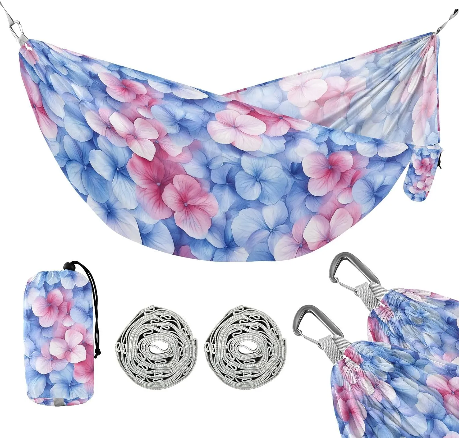 susiyo Portable Camping Hammock Blue Red Hydrangea Flowers Printed Lightweight Hammock Comfortable Travel Swing with Tree Straps for Camping Hiking Backpacking Travel or Beach - Up to 330lbs