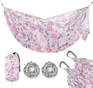 susiyo Portable Camping Hammock Pink Floral Butterflie Printed Lightweight Hammock Comfortable Travel Swing with Tree Straps for Camping Hiking Backpacking Travel or Beach - Up to 330lbs