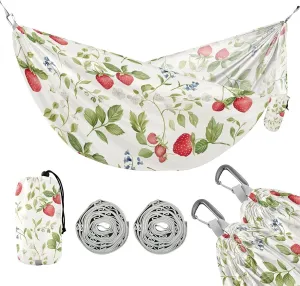 susiyo Portable Camping Hammock Wild Strawberries Printed Lightweight Hammock Comfortable Travel Swing with Tree Straps for Camping Hiking Backpacking Travel or Beach - Up to 330lbs