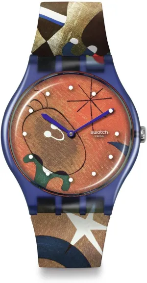Swatch Unisex Casual Bioceramic Watch Blue Art Journey Miro's Women & Bird in The Moonlight