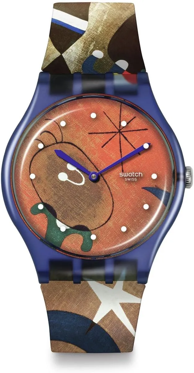 Swatch Unisex Casual Bioceramic Watch Blue Art Journey Miro's Women & Bird in The Moonlight