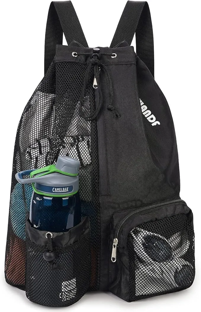 Swimming bag mesh drawstring backpack with wet bag beach backpack, suitable for swimming, gym (black)